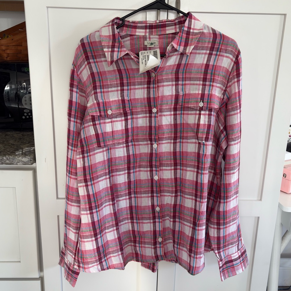 ✨NWT✨L.L. Bean Seacoast Wash Linen Plaid Button Down